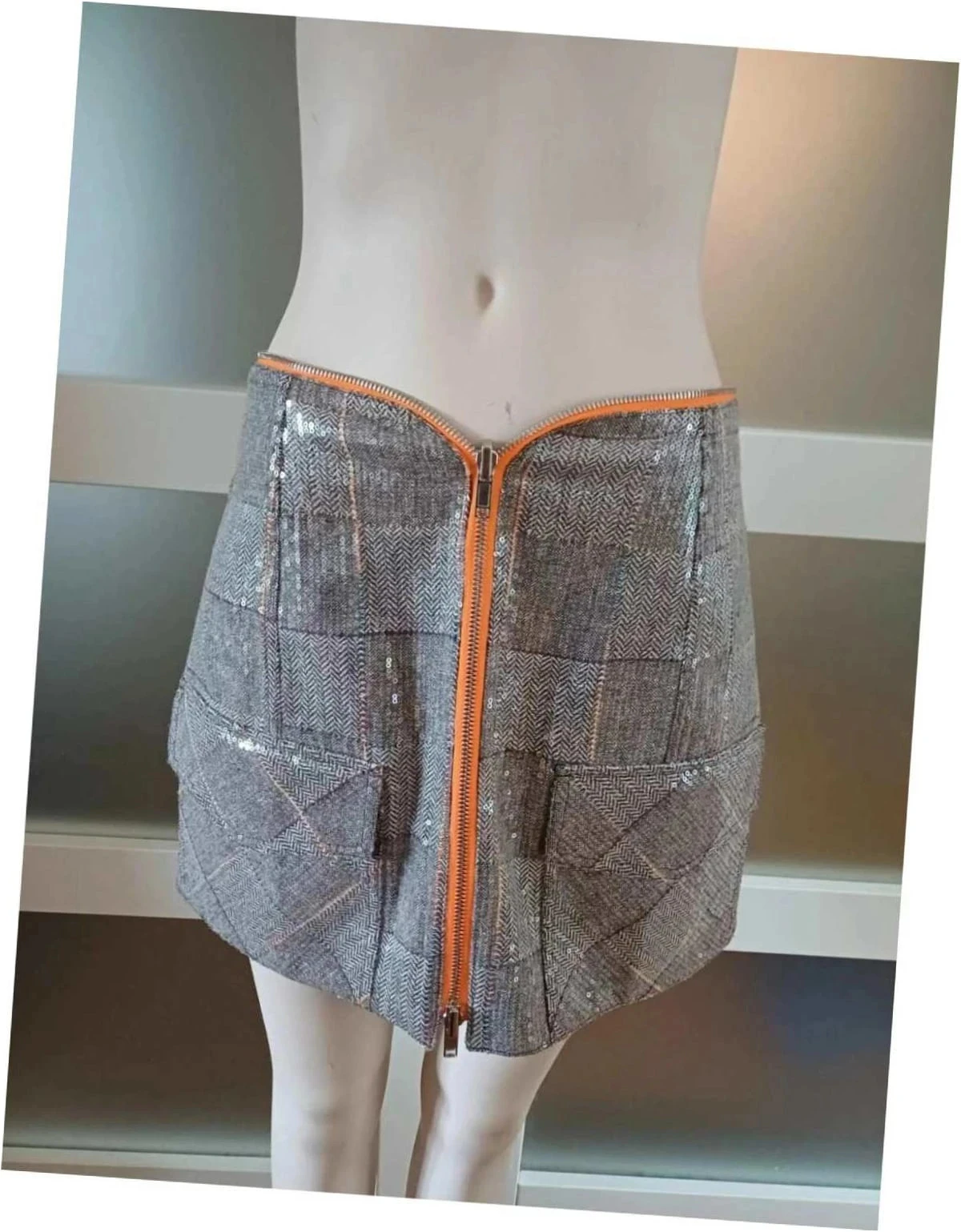 Pièce de créateur Jupe réversible Défilé VictoriaTomas  Sequins Gris marron Unique